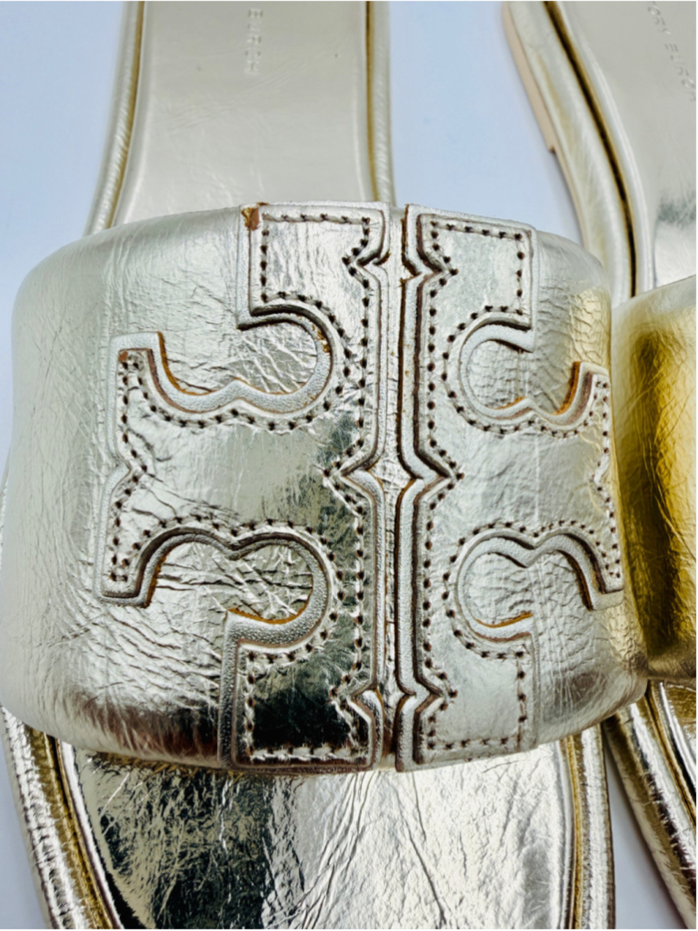 rch Double T Sport Slides Spark Gold Leather Sandals NWOB 8.5 140838 - Picture 6 of 9